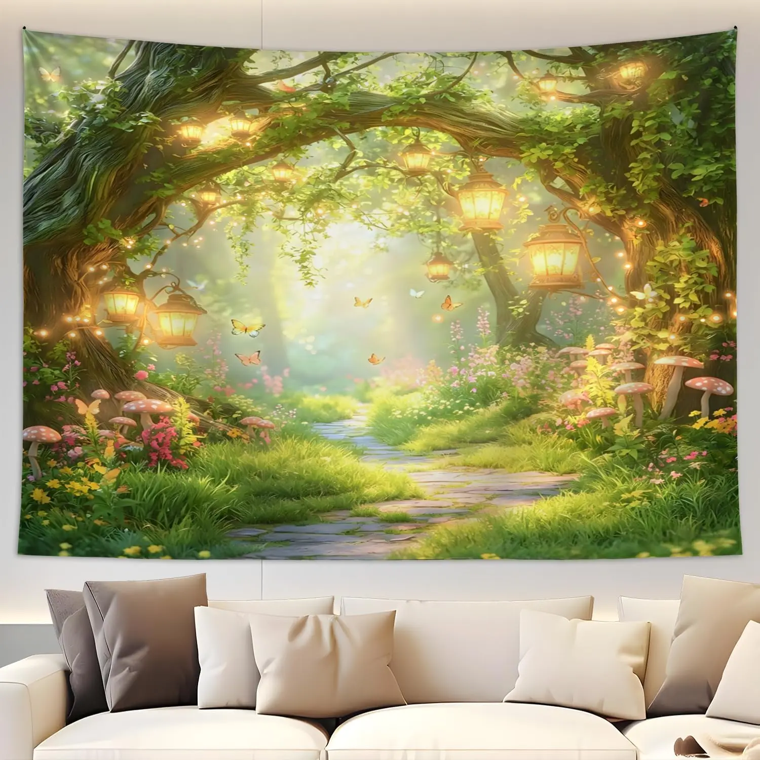 Tapisserie Forêt Fantastique, Paysage Enchanté de la Forêt Magique, Champignons, Fleurs, Arbres, Papillons, Printemps, Pays des Merveilles, Décoration Murale pour la Maison