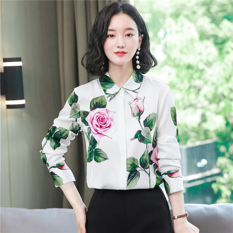 Silk shirt women's long sleeved 2024 new shirt rose printed mulberry silk top Button