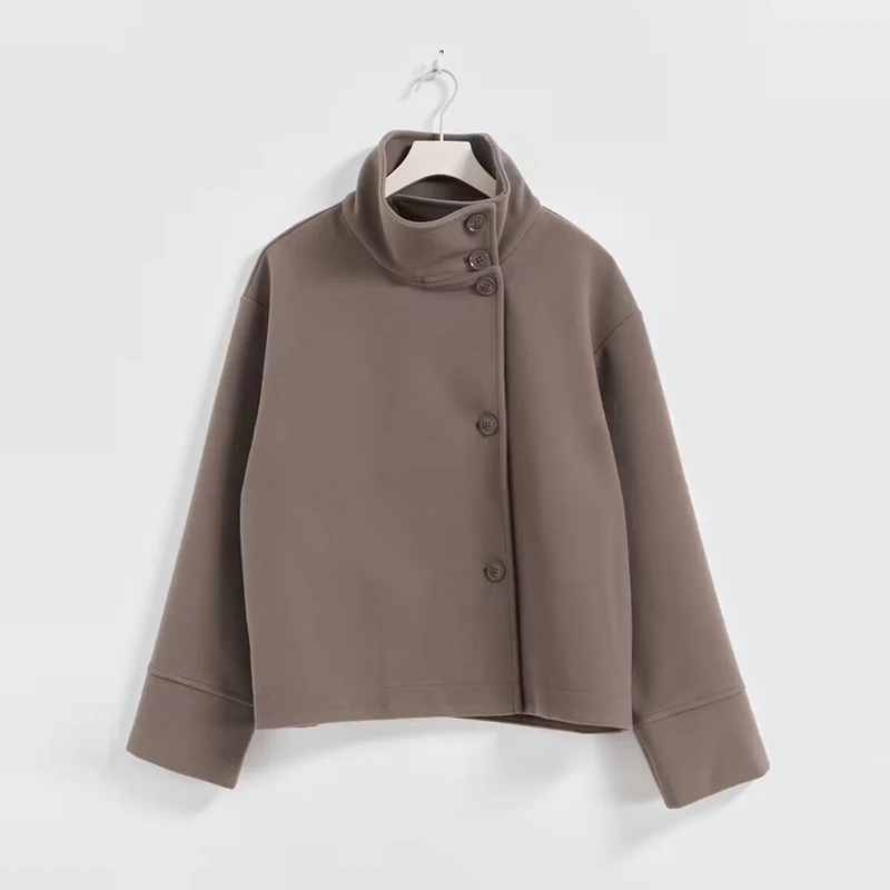Women Fashion Stand Collar Woolen Jacket Single Breasted Long Sleeve Female Coat 2025 Autumn Chic Street Office Short Outerwears