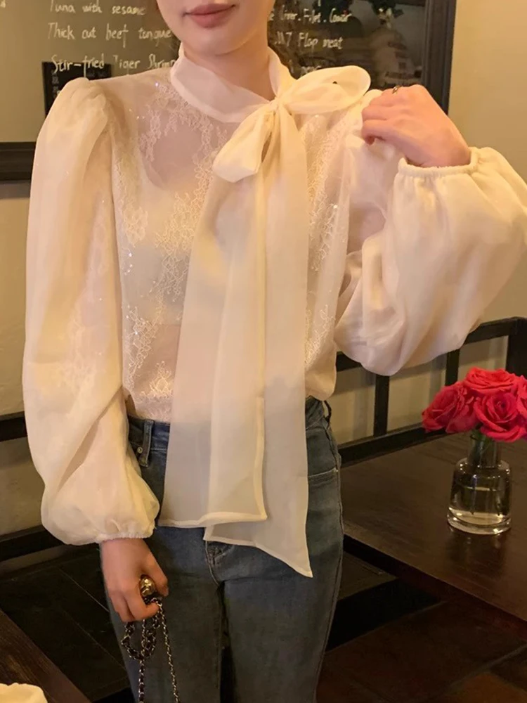 

Korea Chic Autumn Winter Elegant Temperament Strap Bow Sequins All-match Bubble Sleeve Lace Shirt Shirt Female