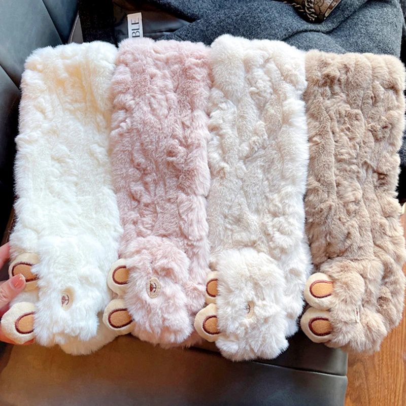 Cute Bear Plush Scarf Women Student Winter Korean Style Faux Fur Warm Thickened Cross Scarves Autumn Girl Scarf New Gift