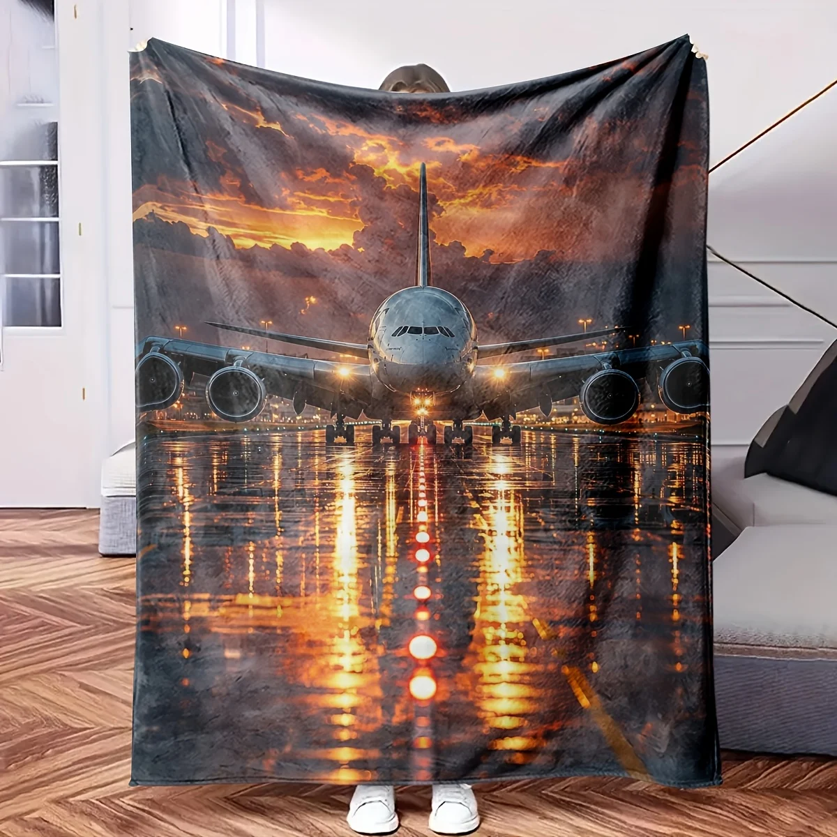 Large Airplane Sunset Print Fleece Blanket Throw Decor for Living Room Aviation Pilot Gift Cozy Bedroom Comfort