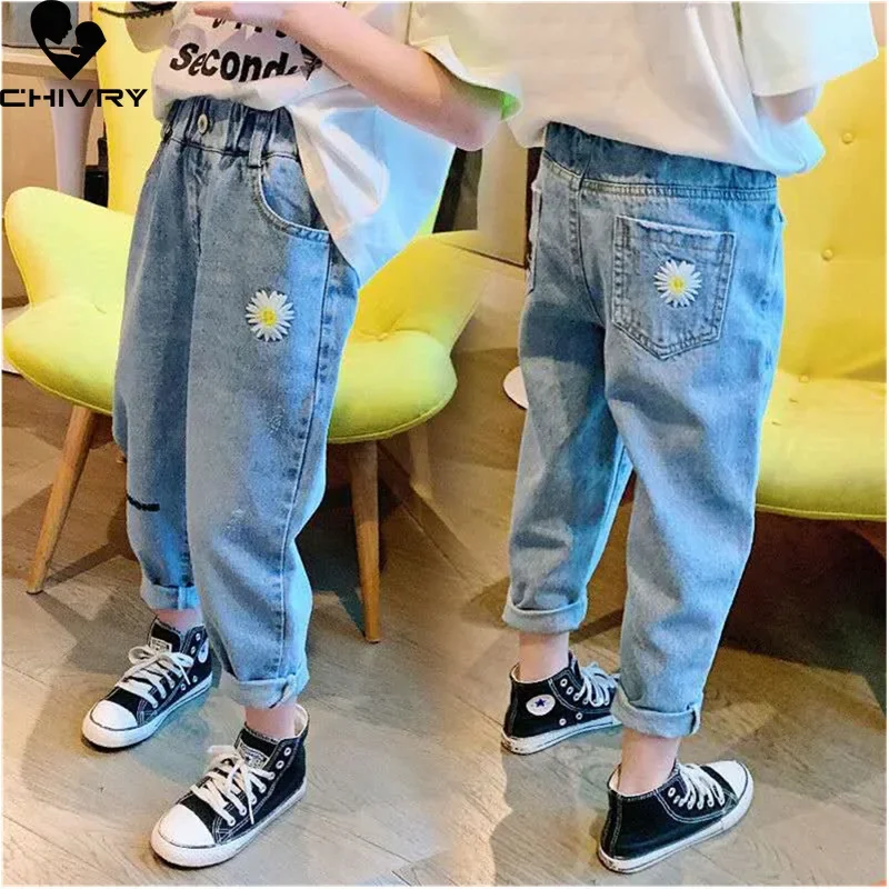 Neue 2022 Kinder Mode Jeans Lange Hosen Hosen Mädchen Klassische Denim Blume Stickerei Hosen Baby Jeans Frühling Herbst Jeans