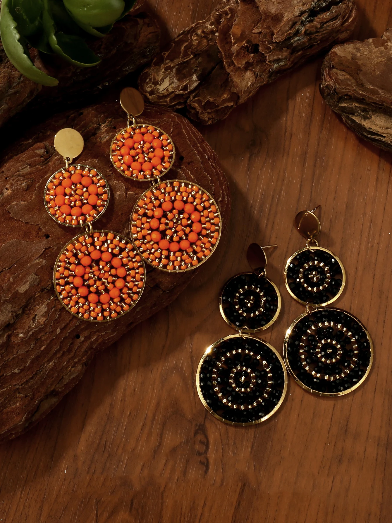 Vintage Double Round Beaded Dangle Earrings for Women Handmade Black Orange Crystal Boho Earrings Fashion Jewelry