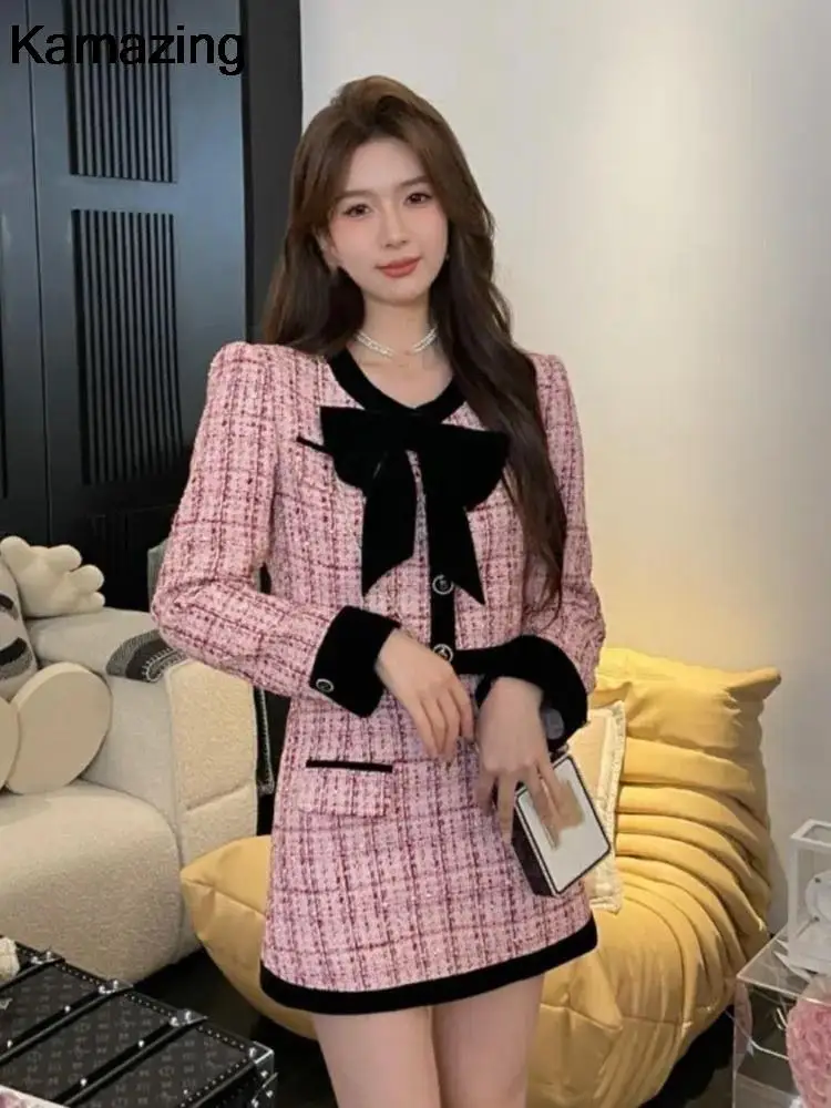 2024 Autumn Winter Tweed Two-Piece Skirt Set Women Short Jacket Coat + Mini Skirt Suits Elegant Korean Fashion Female Outfits