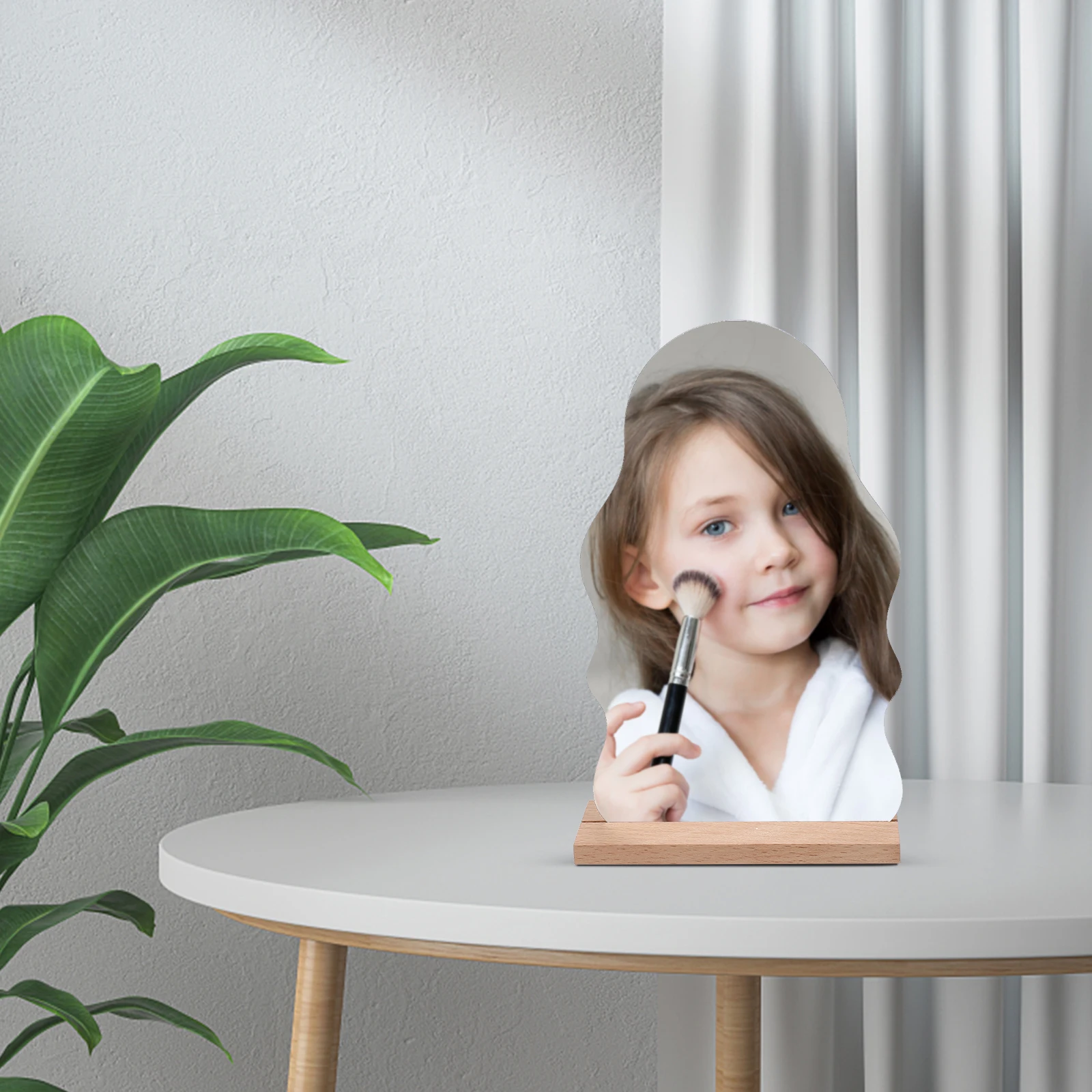 Espelho de vaidade de mesa de maquiagem acrílica portátil pequeno irregular elegante espelho de maquiagem forma base de madeira quarto uso de escritório