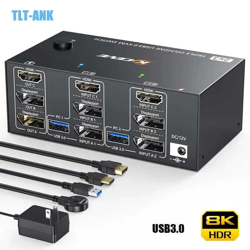

Triple Monitors KVM Switch 2 Displayport + HDMI USB 3.0 KVM Switch 8K@60Hz 4K@144Hz 3 Monitors 2 Computers KVM with 4 USB 3.0