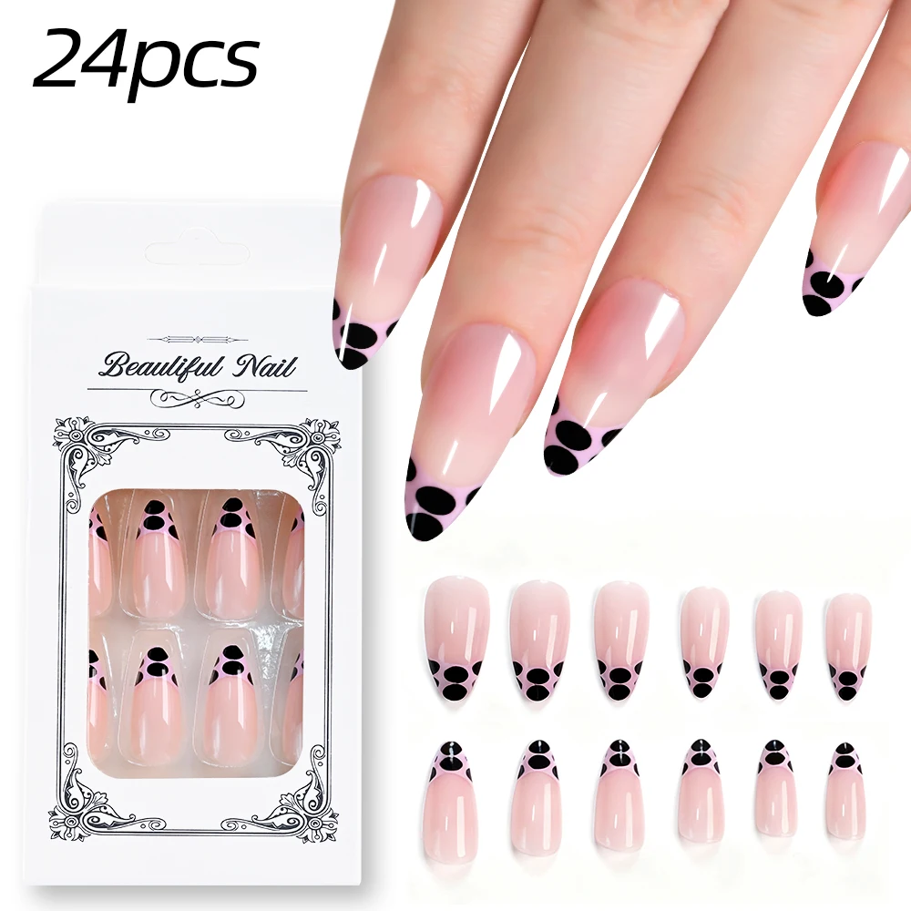 

24pcs Lingt Pink Almond Press on Nails Black Polka Dot Simple French Fake Nail for Women Detachable Wearable Finished False Nail