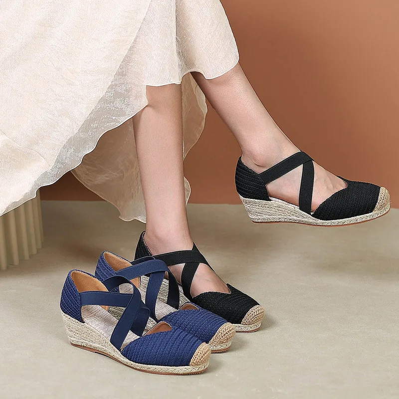 Large Size Clogs Wedge Fashion Womens Shoes 2024 Round Toe Beige Heeled Sandals Shallow Mouth Big Platform Luxury Black Summer G