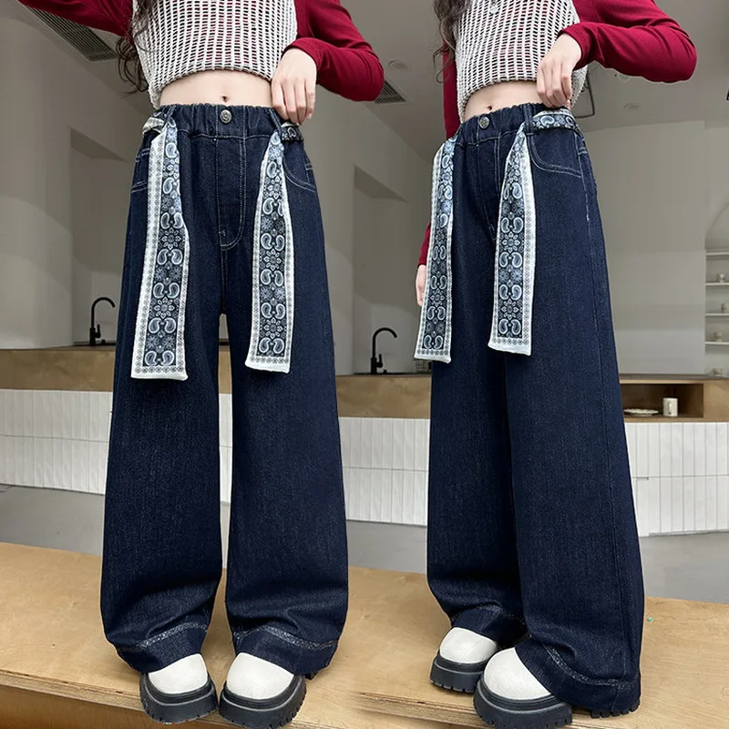

Kids High Fashion Straight Leg Jeans with Lace Belt New Arrival Children Casual Denim Pants Girl's Spring Baggy Trousers 4-14Yrs