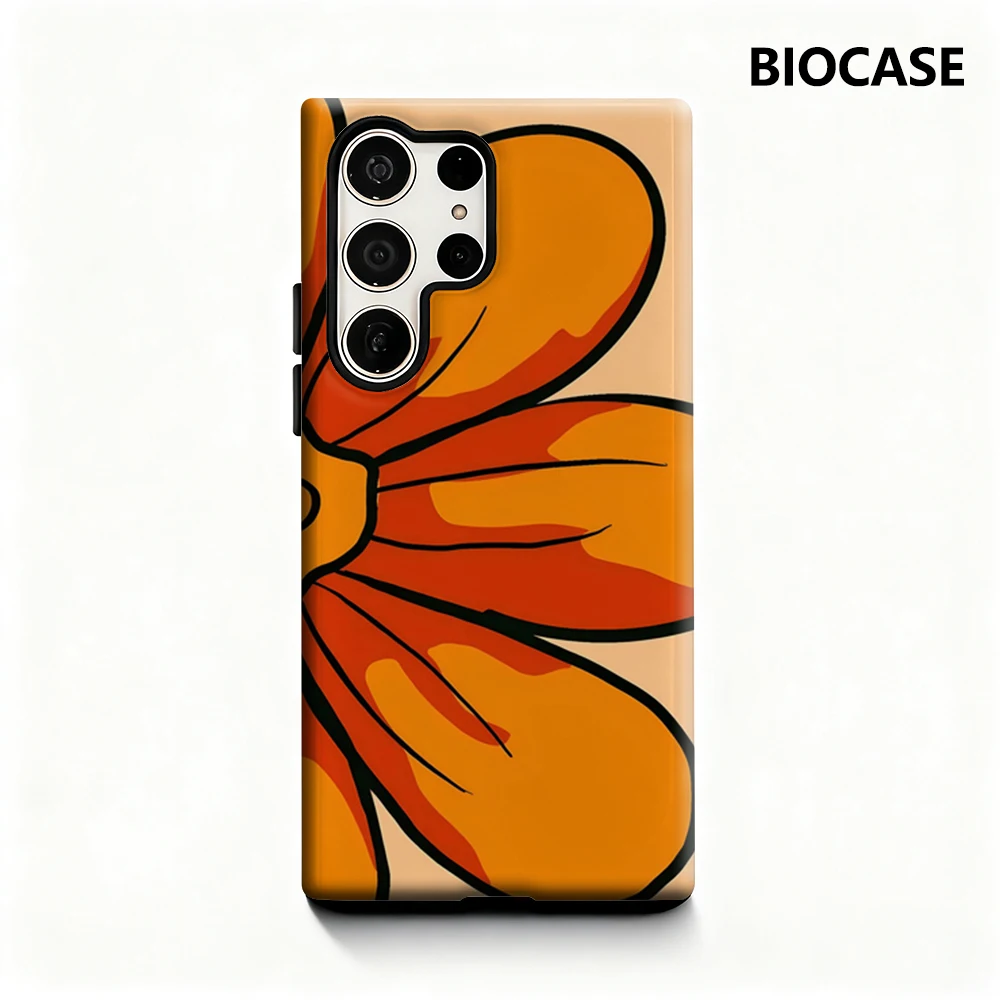حافظة هاتف جريئة على شكل زهرة برتقالية لهاتف سامسونج جالاكسي S25 Ultra S24 S23 Ultra Plus غطاء خلفي لامع بطبقة مزدوجة #1