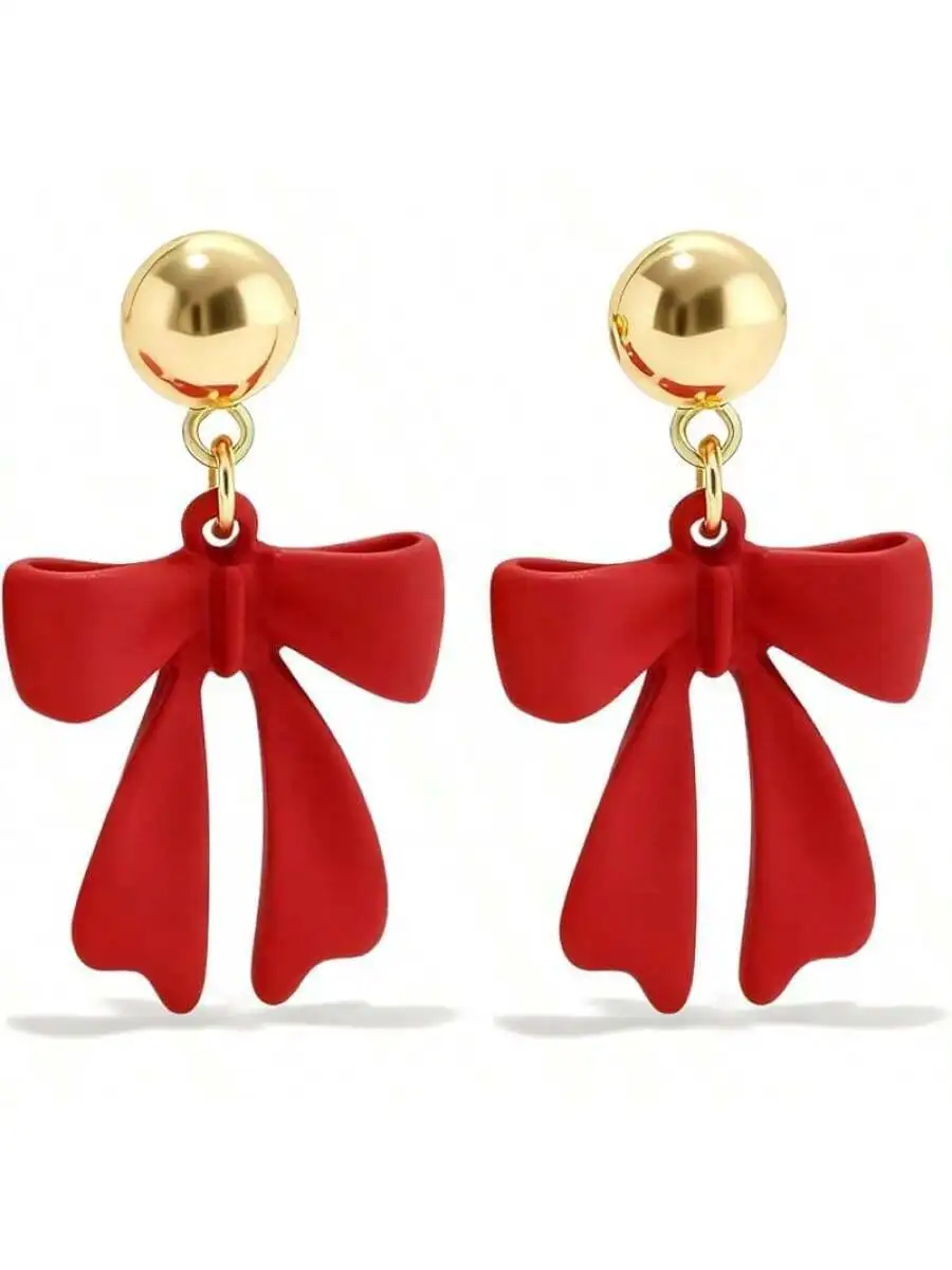 

Red Ribbon Bow Drop Earrings For Women Festive Occasion Jewelry Accessory