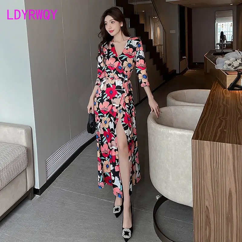 new Chinese style stunning temperament, waist cinching and slimming fashion, flower print pear shaped figure dress