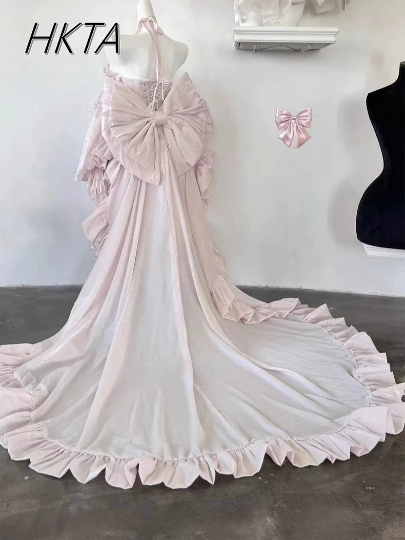 Lolita Sweet Cute Flower Embroidery Trailing Princess Dress Women Elegant Bow Tube Top Skirt High Waist Birthday Ball Gown Dress