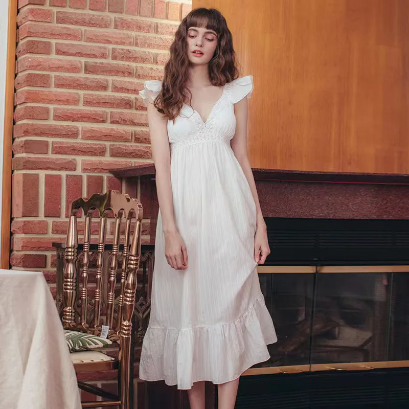 Palace Style Nightgown Sleepwear White Elegant Ruffle Princess Sleepwear Long Nightdress Summer Sexy Deep V-Neck Home Dress