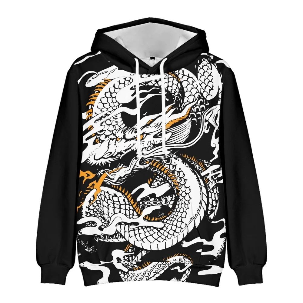 

Mens Harajuku Hoodie Sweatshirt Men Hip-Hop Long Sleeve Streetwear Autumn Spring Casual Black Dragon Print Pullovers