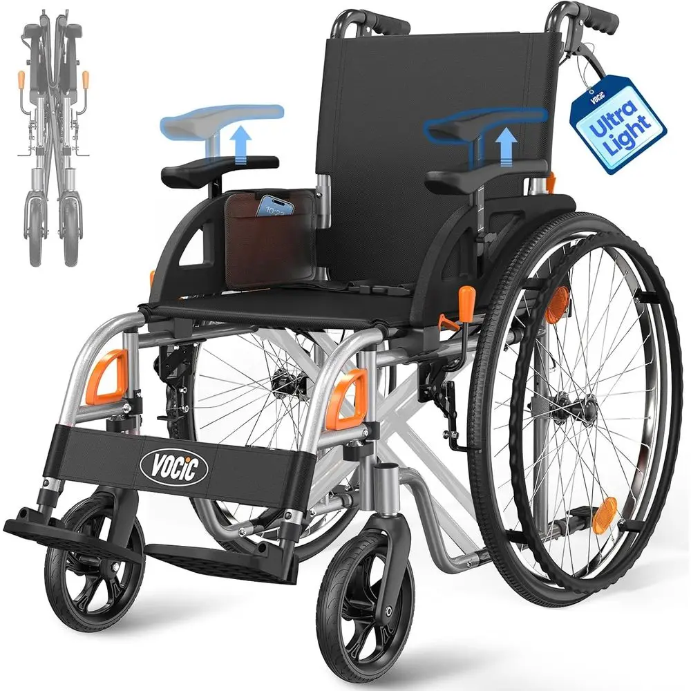 

Lightweight Portable Folding Wheelchair for Adults, 23lbs, Self-Propelled, Quick Release Wheels, Swing-Away Footrests, Slip-Back