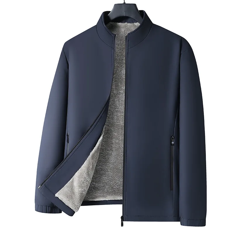 Autumn Winter Men Plush Jacket Windproof Cold-proof Stand Collar Male Coat Long Sleeve Zipper Comfortable Male Outerwear