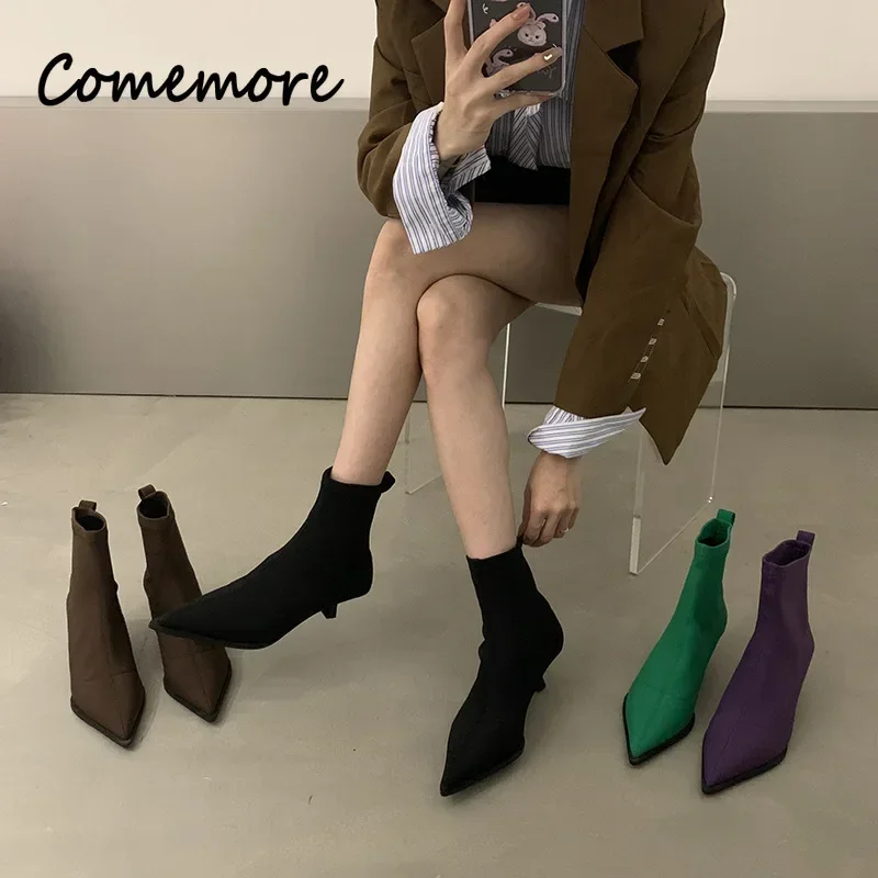 Comemore Ankle Boots Shoes Children 2024 Spring Autumn Shoe Heels Ladies Footwear Designer Slip On Satin High Heel Short Boot 39