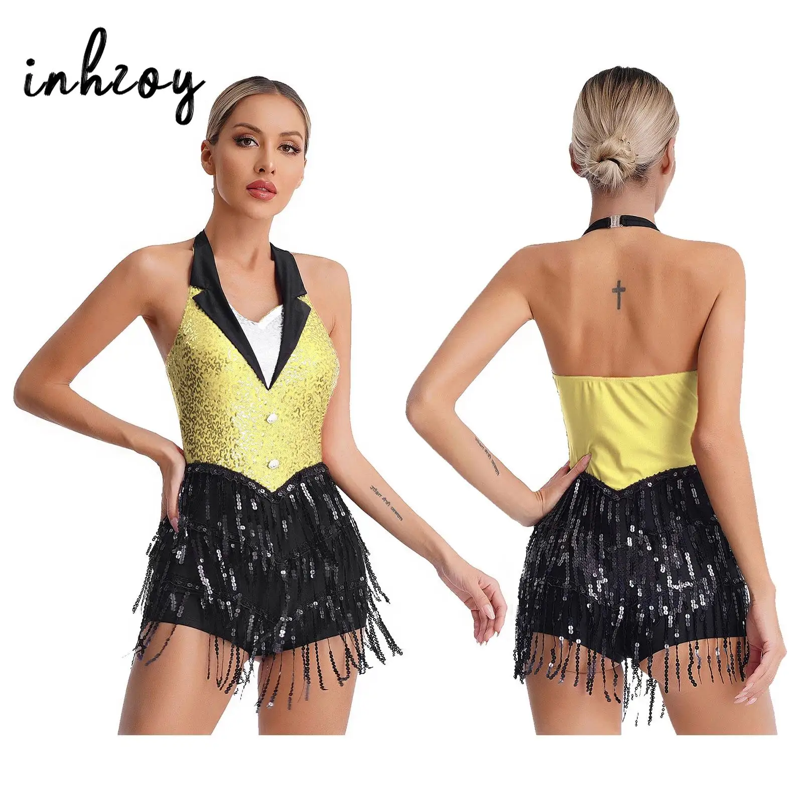 

Женский купальник с блестками и кисточками для латинских джазовых танцев, костюм с лямкой на шее и открытой спиной, комбинезон с бахромой, боди, танцевальная одежда