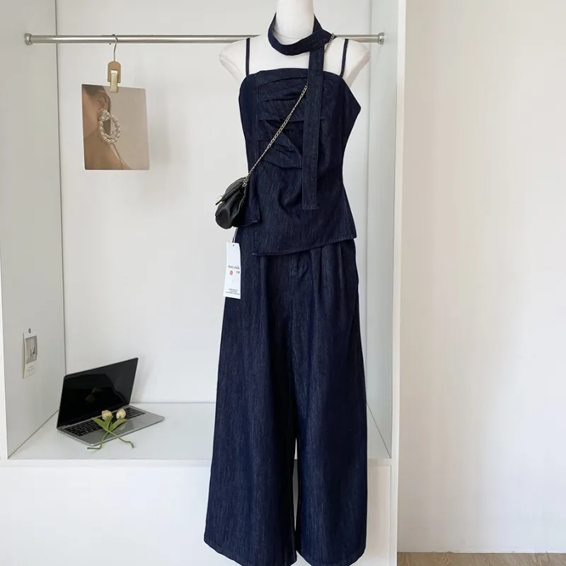 2025 Vest Jeans Set For Women Sleveless Tube Tops High Waist Pocket Denim Pants Suit Female 2025 Spring Summer Lady Bodysuit