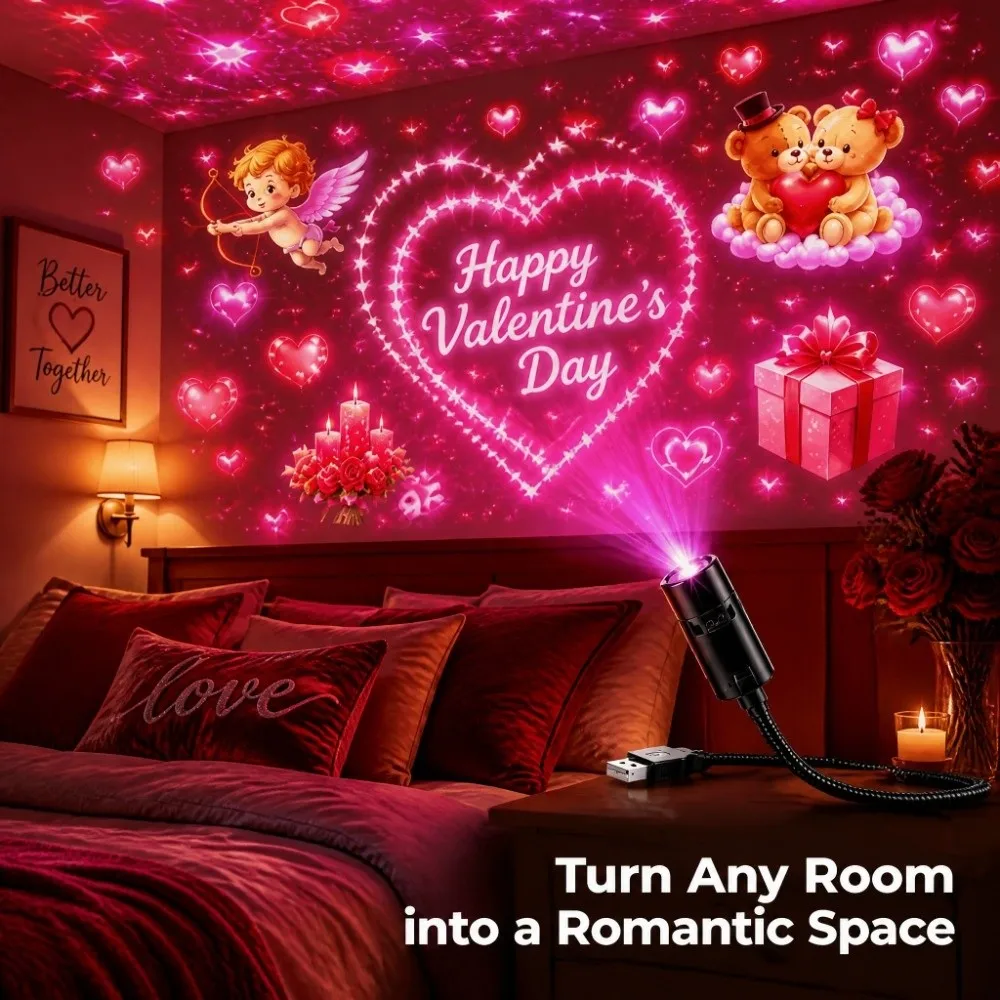 Creativity Valentine's Day Projector Lamp Romance Pink Bedroom Decorative Night Light Interchangeable Slides 6/10pcs Pattern