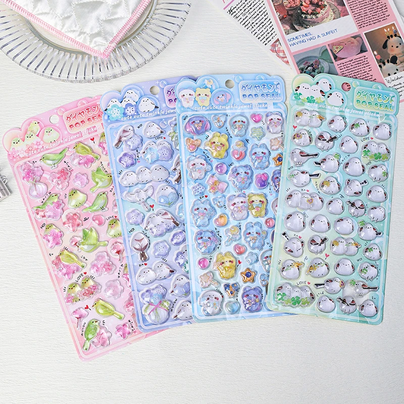 4pcs DIY 3D Stickers Cartoon Shiny Crystal Decorative Stickers Cute Animal & Flower Embellishments for Journal DIY & Phone Case