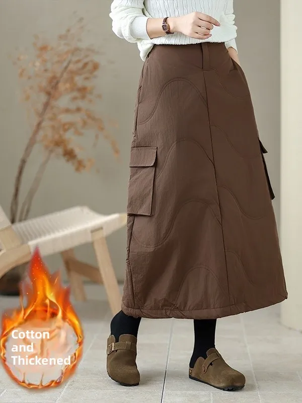 Koreaanse artistieke dames dons katoen f rok verdikte warme casual lange rok lente herfst winter seizoen hoge taille rechte...