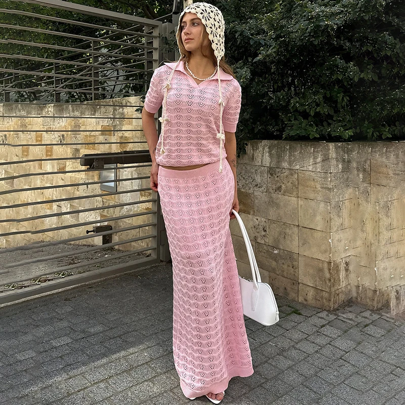 

Tornova Women's Hollow Knitted Skirt Suit SUmmer Short Sleeve T shirt Casual Long Skirt 2026 Fashion Female Vacation 2 Piece Set