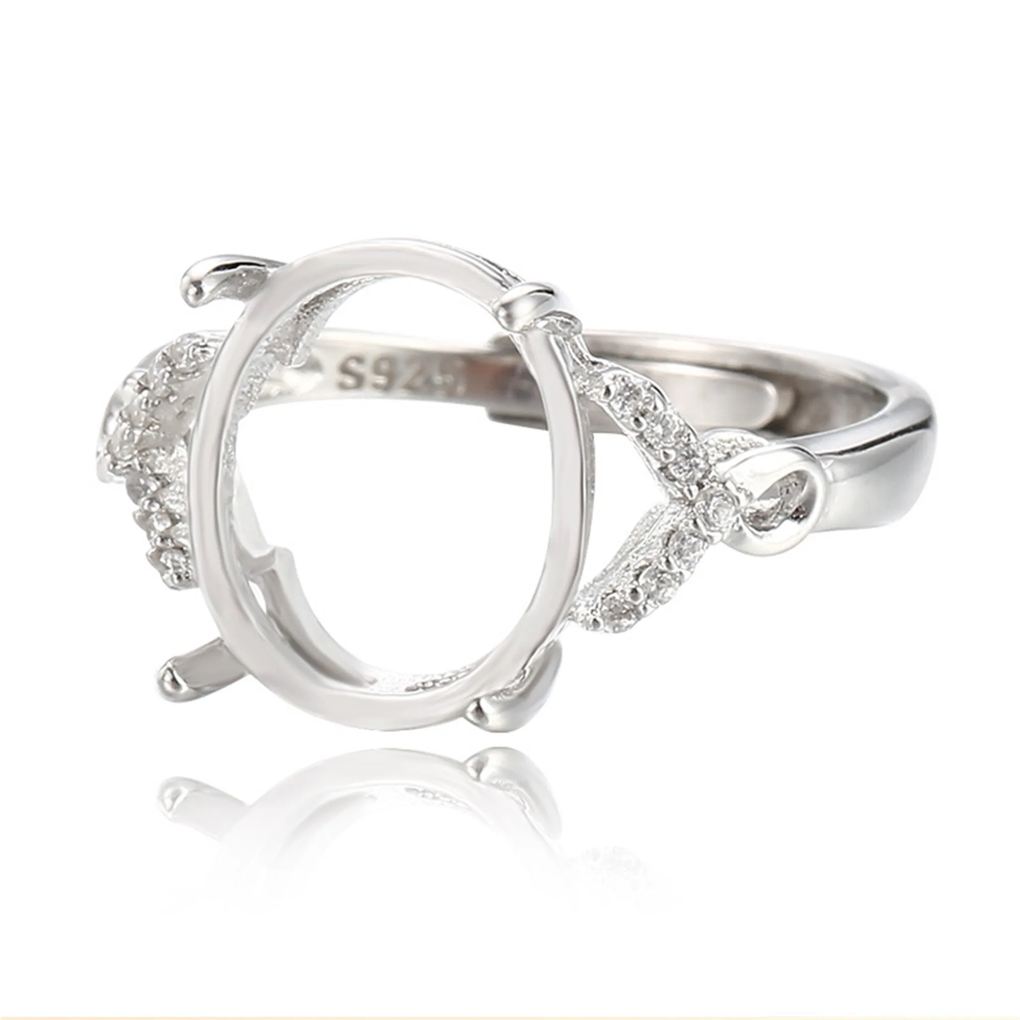 Ring Setting for 10x12mm Oval Cabochons White Gold Plated 925 Silver Zircon Adjustable Band Ring Base