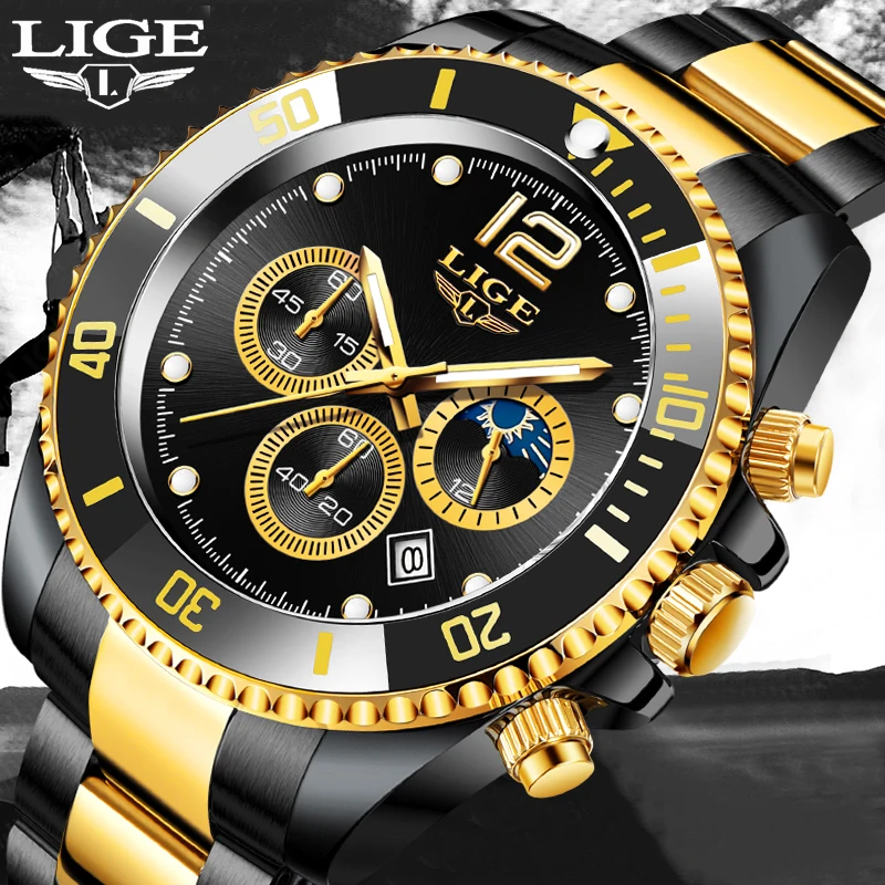 LIGE Fashion Gold Quartz Watches For Men Waterproof Sport Military Watch Men Casual Business Date Chronograph Relogio Masculino