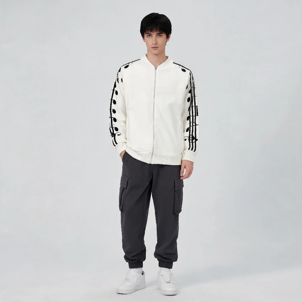 Men Musical Note Print Raglan Sleeve Zip Up Track Jacket Stand Collar Y2K Streetwear Loose Casual Sports Baseball Coat