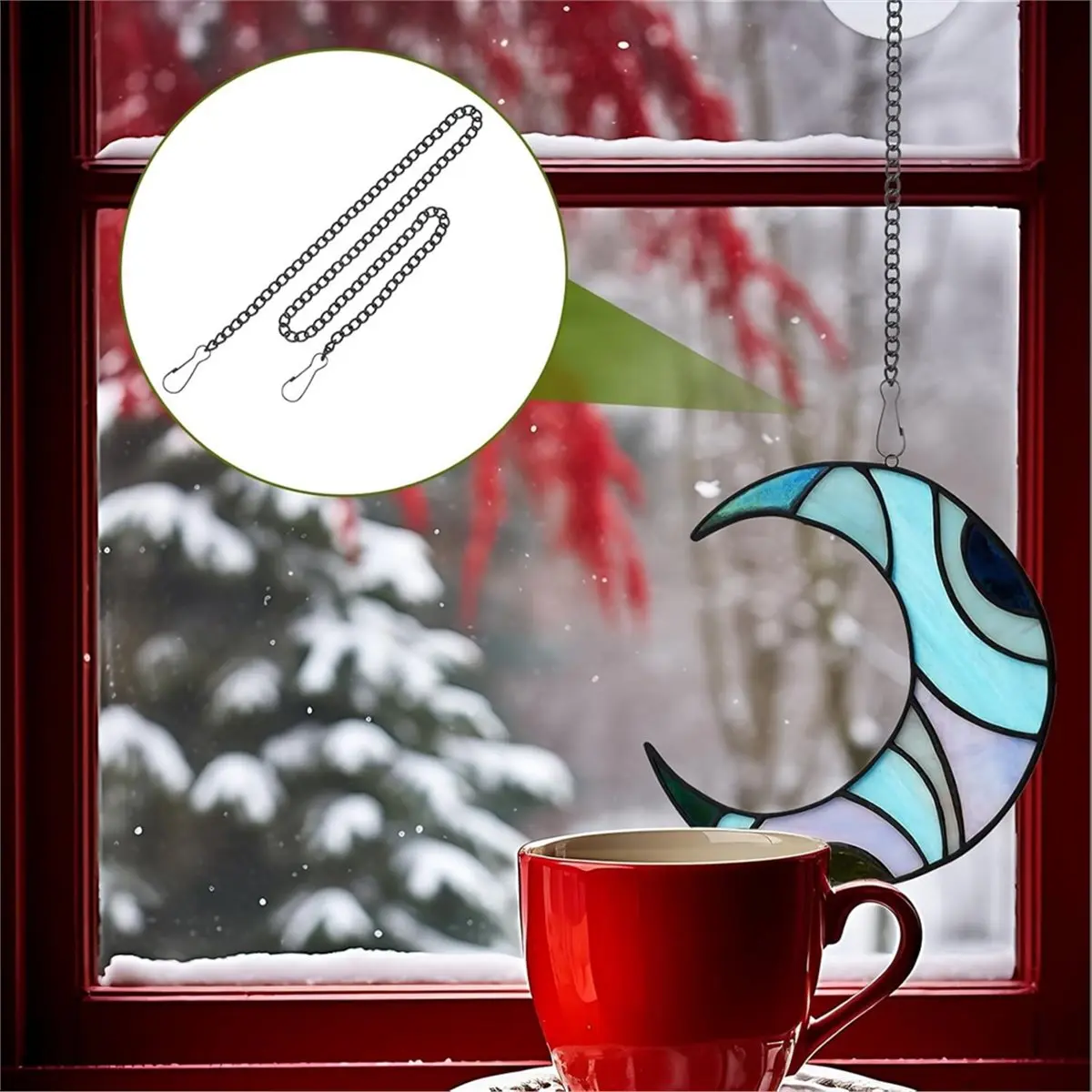 HITL 20 Inch Stainless Steel Hanging Chains for Stained Glass Window Panels with Suction Cup Hooks