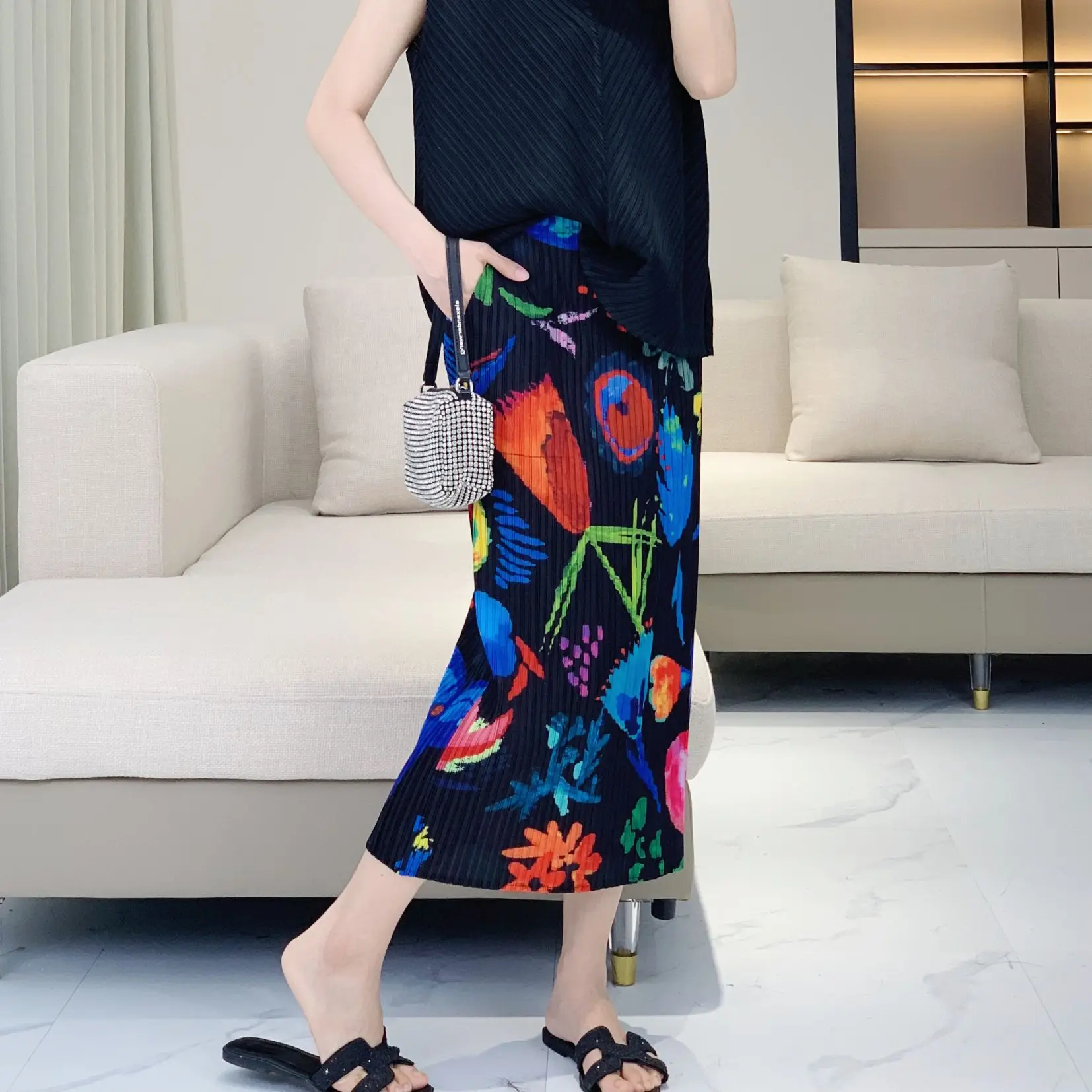 

pleats pleated skirt summer 2024 new high-end temperament Slim package hip skirt colorful flowers printed half-body skirt