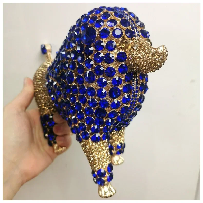 

Women Blue Crystal Dog Animal Evening Bags Cute Cockatil Prom Clutch Birthday Gift Purses Diamond Wedding Bridal Party Handbag