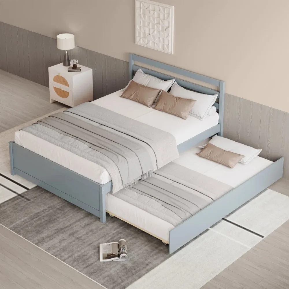

Modern Kids Full Size Modern Platform Bed with Trundle, Gray, No Box Spring Required, Full size Children Beds