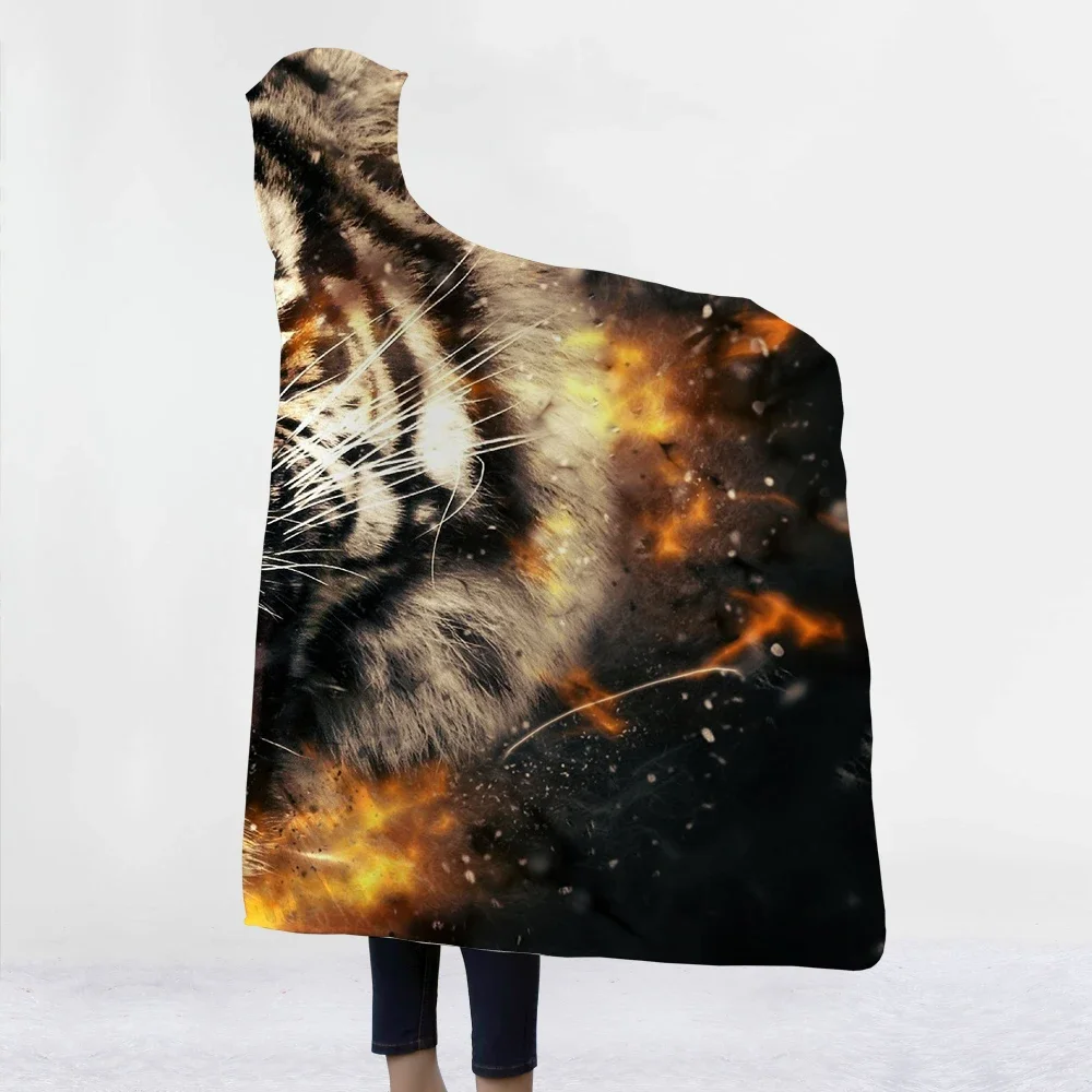 Tiger Wolf Moon Hooded Blanket 3D Printed Animals Hooded Throw Super Soft Micorfiber Coral Fleece Blankets For Winter Gifts