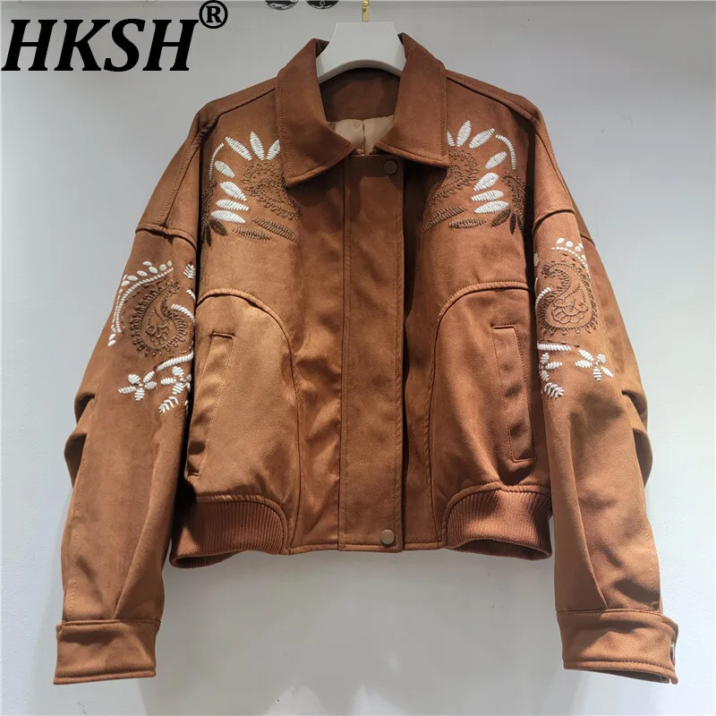 

HKSH Spring Autumn New Women Jacket Embroidery Turn-Down Collar Zipper Versatile Casual Vintage Streetwear Tide Ins Coat HK13842