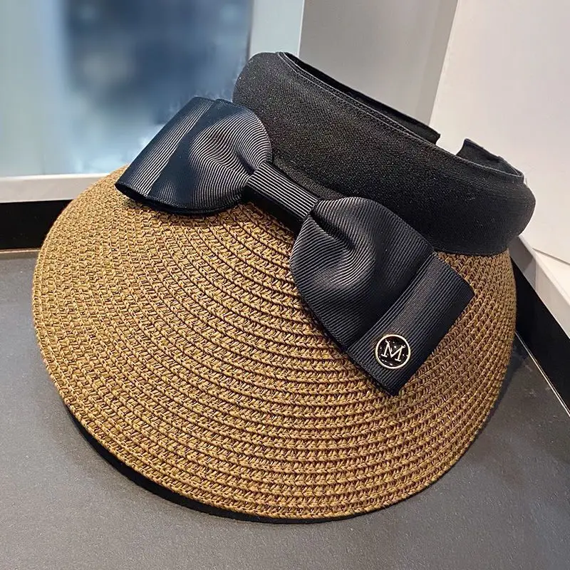 Neue Sommer leere Top Bast Strohhut Frauen Outdoor-Reise Strand Sonnencreme Anti-UV-Reiten Sonnenhut Mädchen große Krempe Bogen Visier Kappe – Detail 12