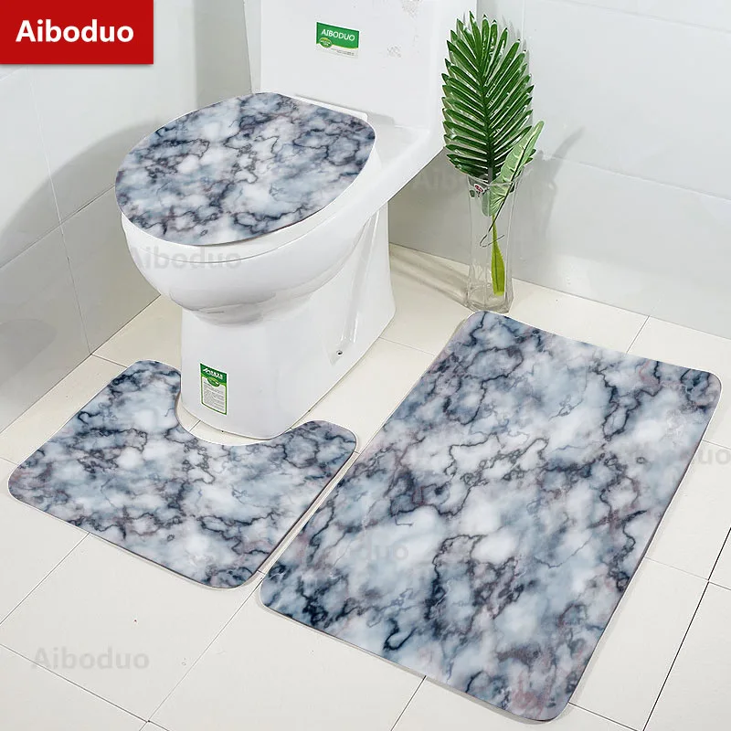 

White with Gray Marble Design Bathroom 3Pcs/set Mats Home Flannel Decorations Accessories Floor Rugs Toilet Cover 40*60/50*80 CM