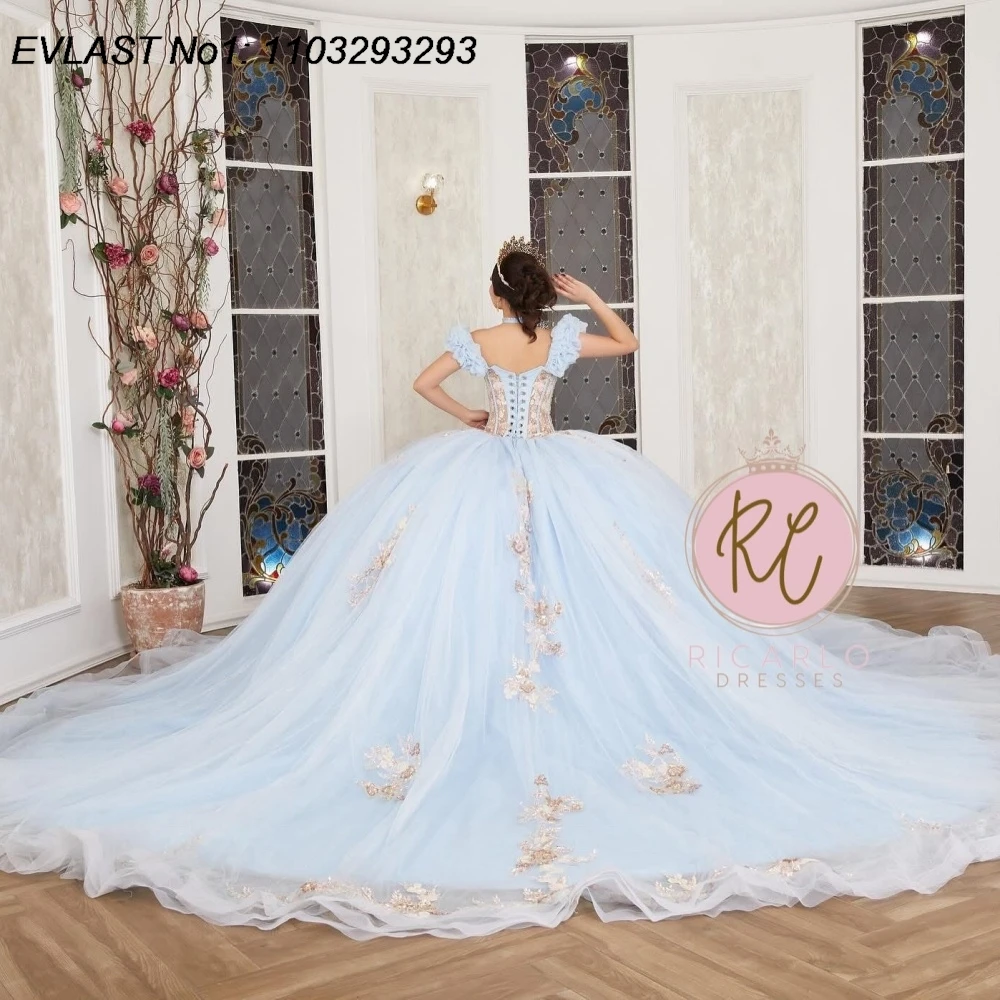 EVLAST Customized Glitter Baby Blue Ball Gown Quinceanera Dress Lace Applique Beading Corset Sweet 16 Vestidos De 15 Anos E1Q901