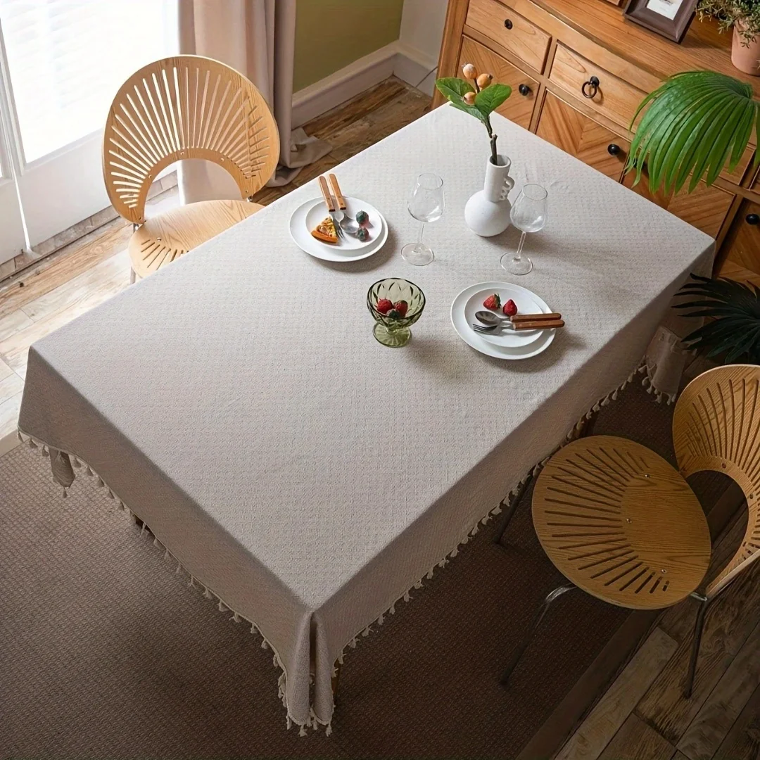 Bohemian grid beige tassel tablecloth, suitable for dining tables, picnics, cafes, holiday party decoration tablecloth 1PC