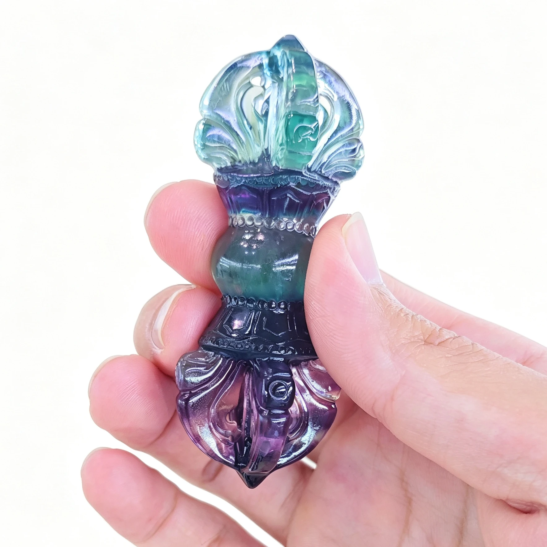 Natural Rainbow Fluorite Gemstone Ritual Scepter Statue Carved Banded Crystal Vajra Dorje Figurine Home Room Table Decor Present