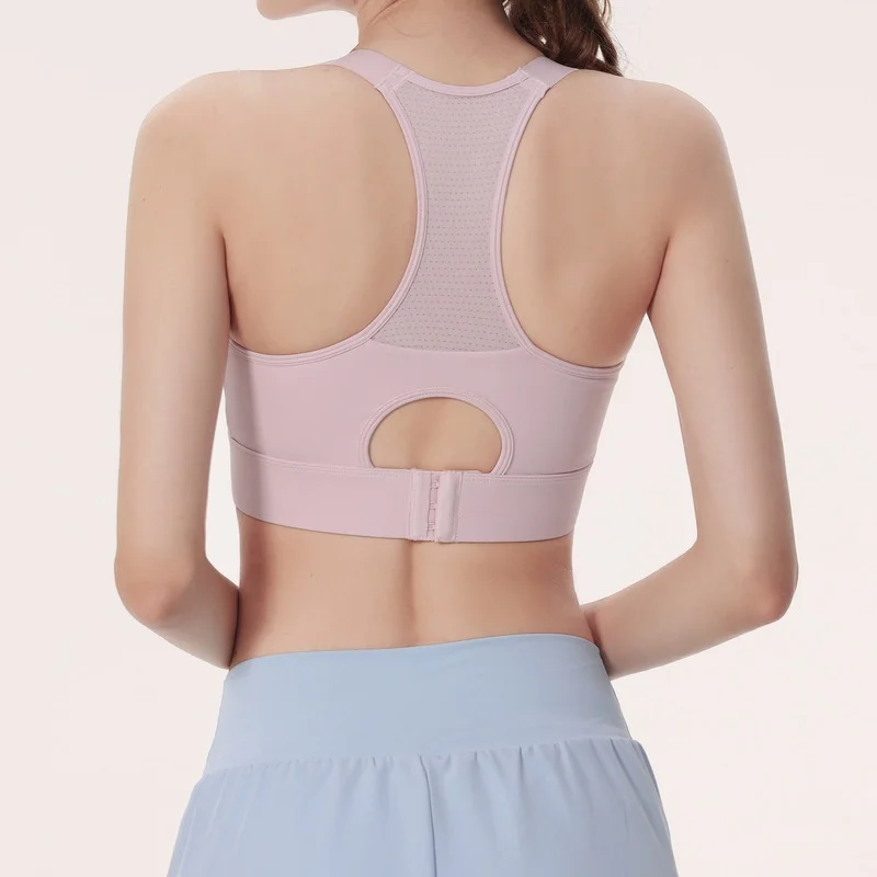 

Women's mesh adjustable strap U-neck I-backless hollow buckle shockproof gather yoga fitness sports underwear bra top with logo