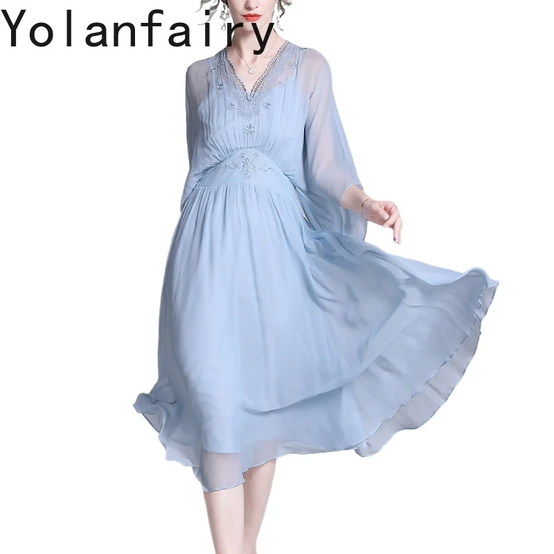 

YOLANFAIRY High-end 100% Natural Mulberry Silk Women's Dresses Summer Bat Sleeves Embroidery Elegant Dress Long Birthday Dresses