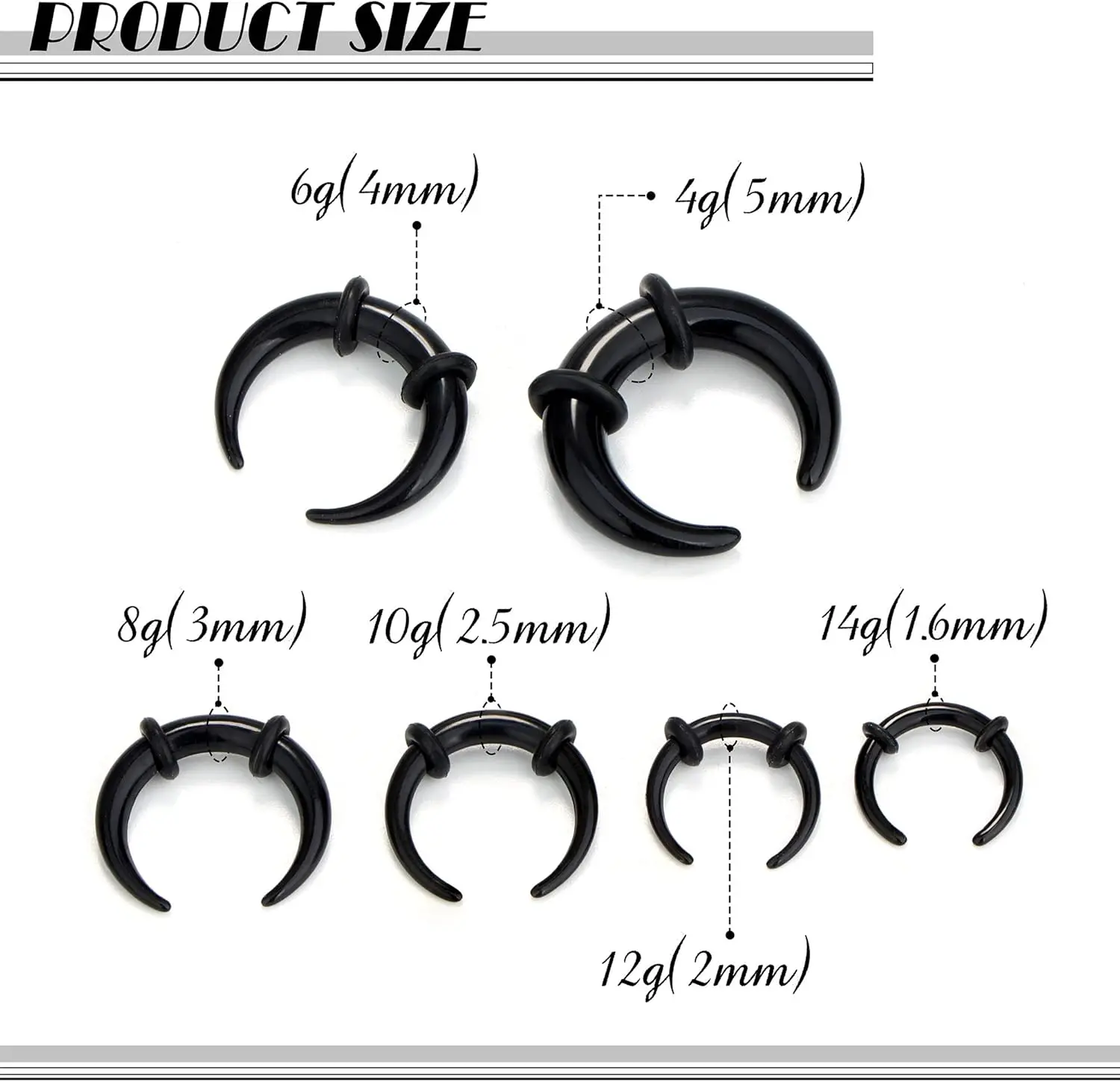 FASACCO Acrylic Pincher Taper Septum Ring C Shape Buffalo Stretcher Expander Black O-Rings for Stretching Pierced Nose Cartilage