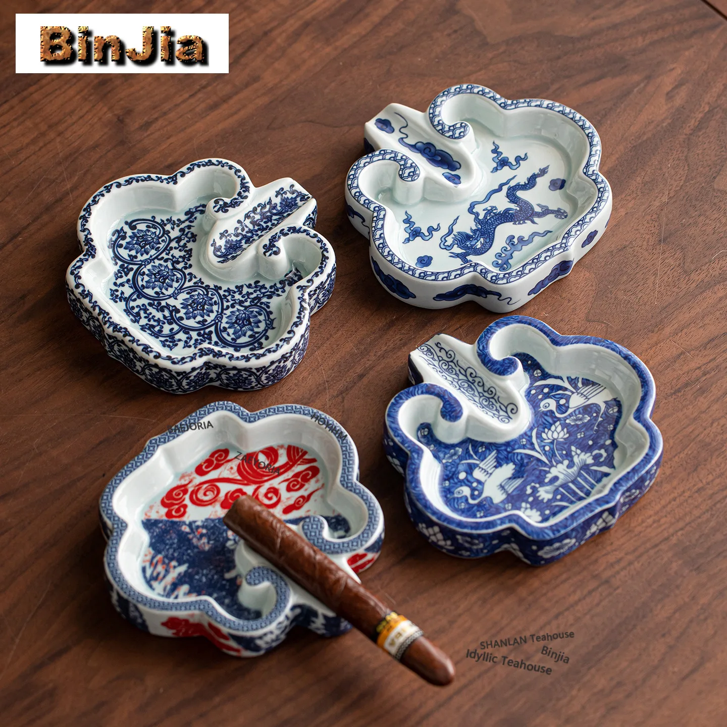 Blue-and-white Ruyi Ashtray Retro Puddle Gift For Boyfriend Ash Tray Household Weed Smoking Drinkware Accessories Collection
