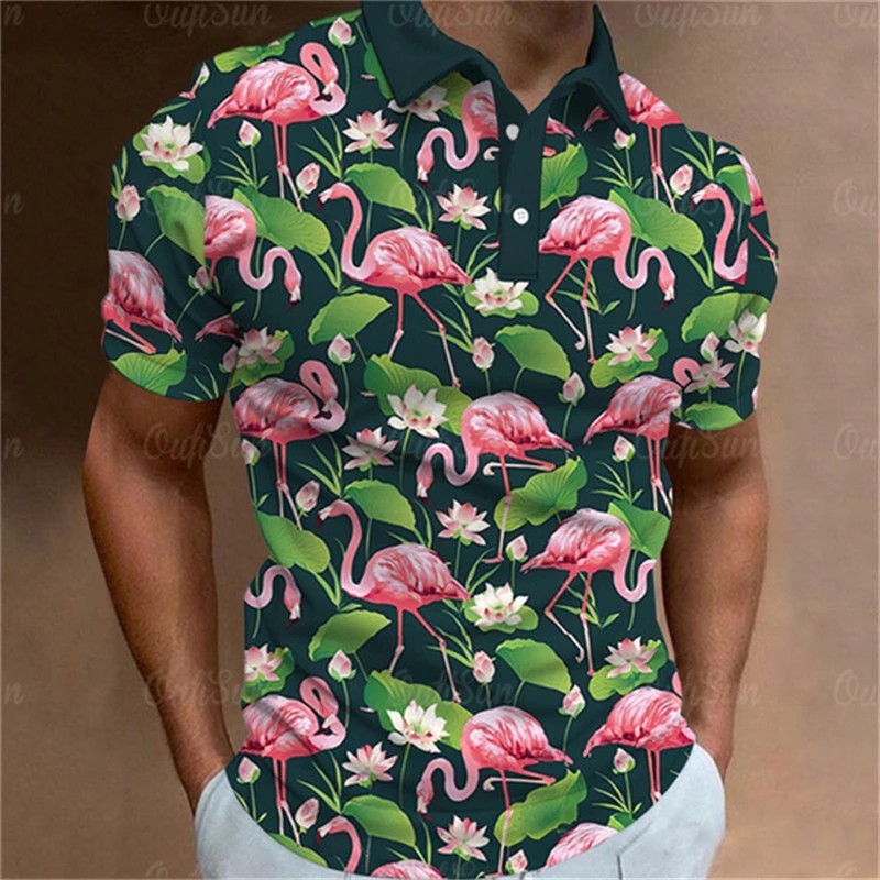 Flamingos Polo T-Shirts Cartoon Print Trending Shirt Summer Short-Sleeve Hawaiian Style Luxury Golf Wear men Overisized Clothing