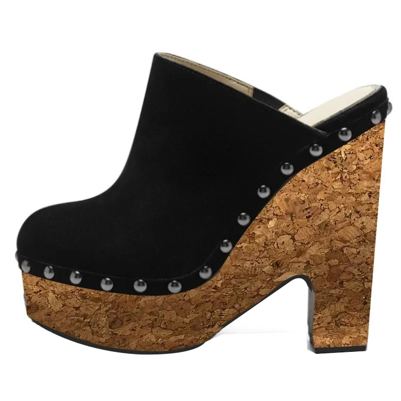 

SHOFOO Sexy women's high-heeled slippers. Black (blue) suede slippers About 15cm heel height Closed toe slippers Wedges slippers