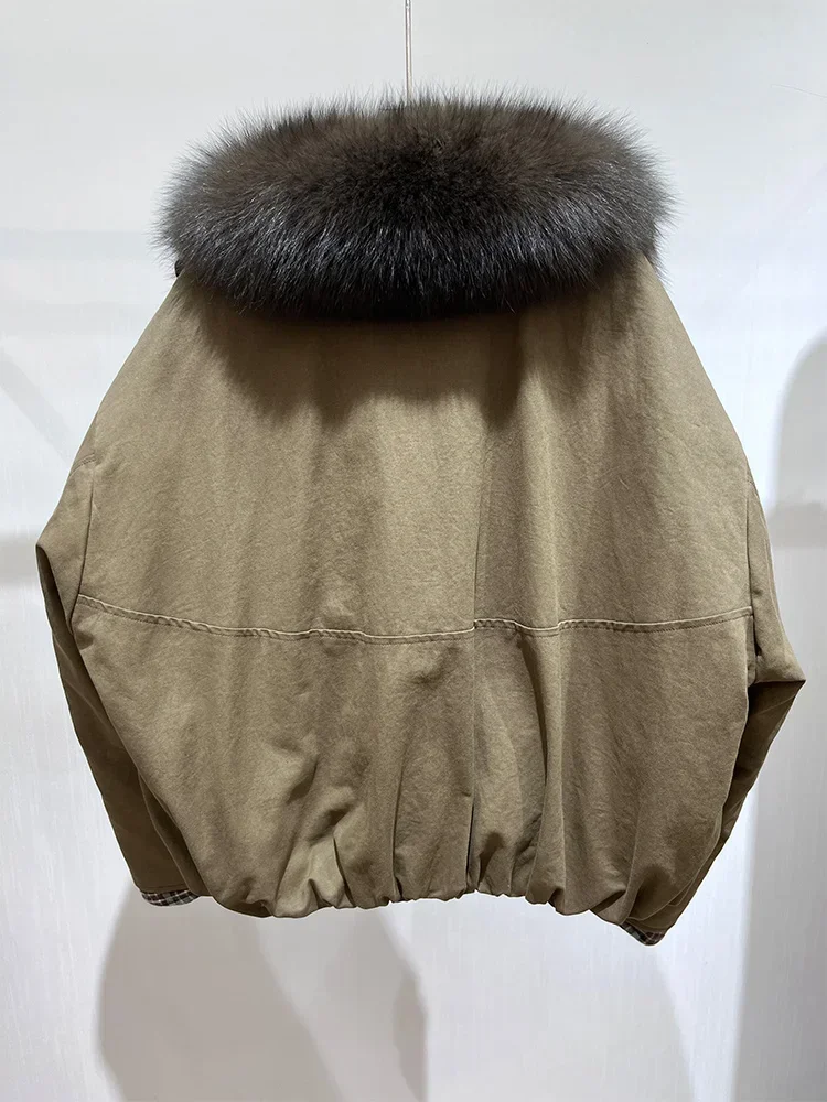 

MENINA натуральный настоящий костюм с воротником из лисьего меха, верхняя одежда, роскошная женская джинсовая куртка, зимняя одежда 2025 г., женские белые пальто на гусином пуху